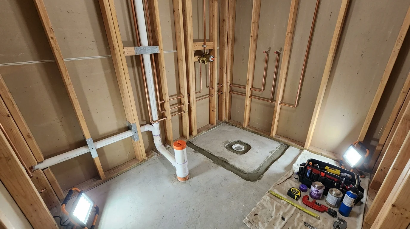 Bathroom rough-in plumbing during remodel by Johns Plumbing LLC in Blountsville
