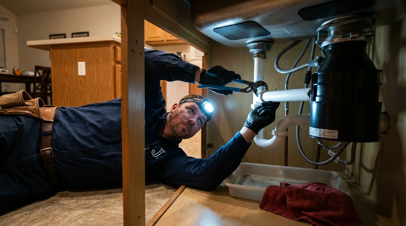 P-trap and supply line connections under a kitchen sink showing a common leak point in Blountsville, AL